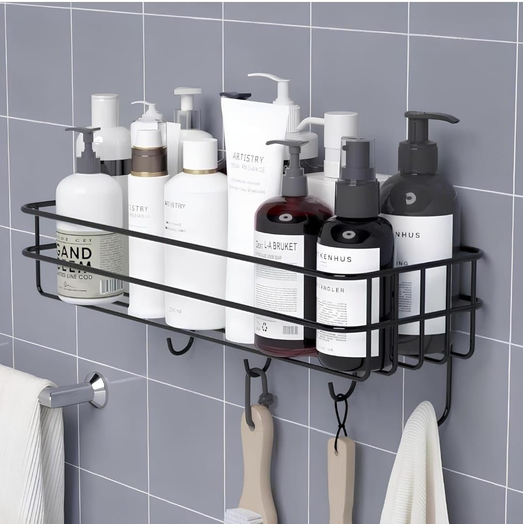 SMTG Self-Adhesive Bathroom Shelf with Hooks - Space-Saving Wall Mounted Self Clean