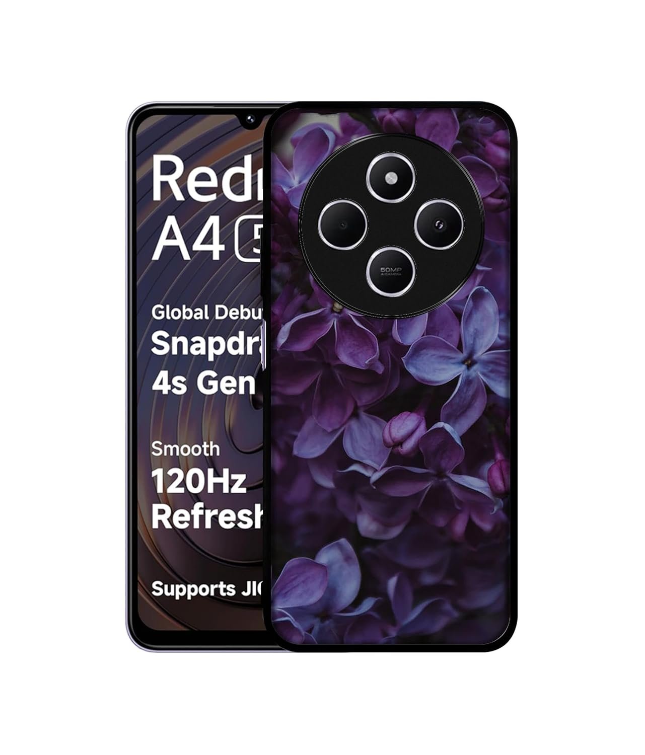 Amazon Brand-Solimo Purple Flowers Premium 2D Printed Metal Back Case Redmi A4 5G