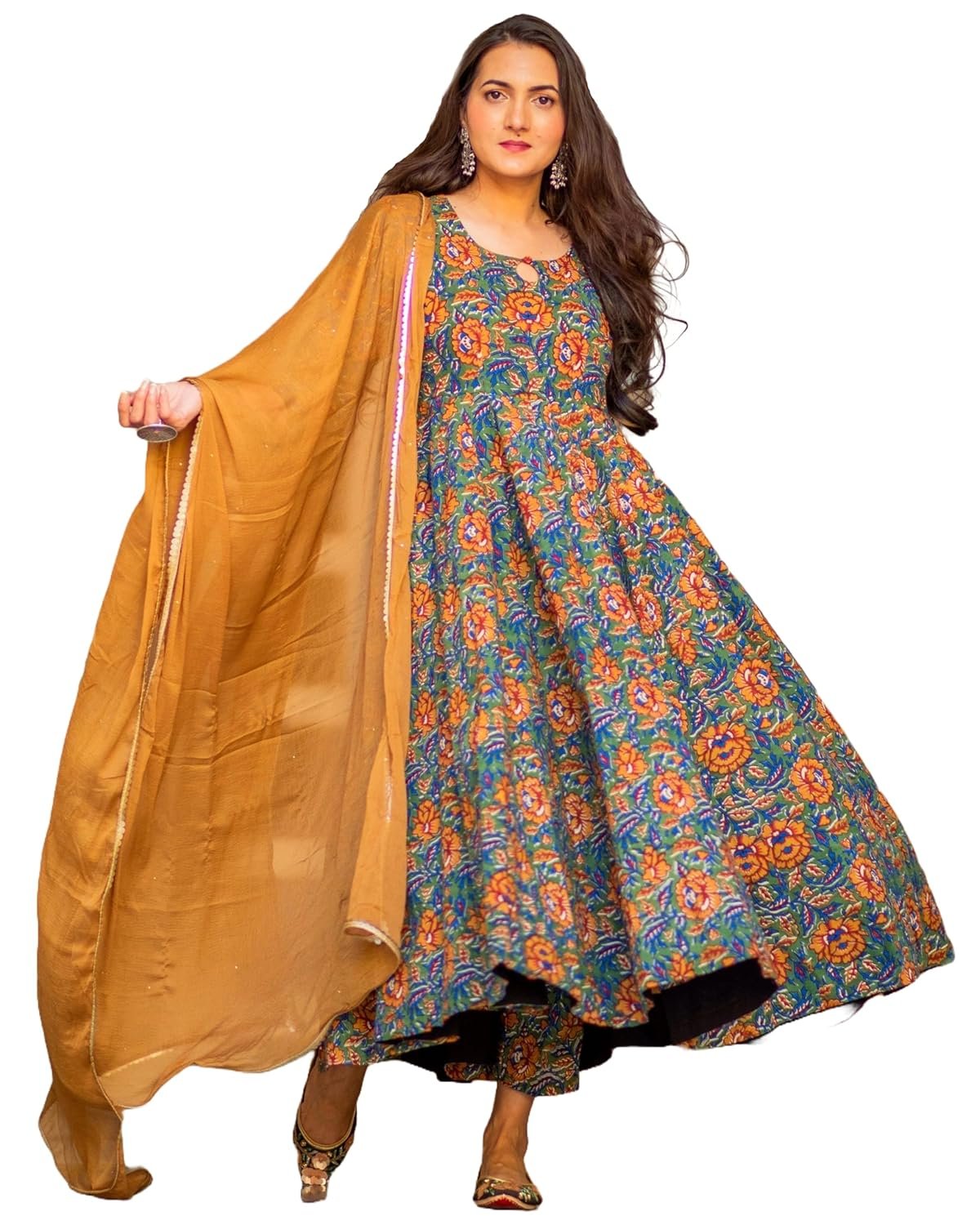 GoSriKi Women's Rayon Blend Bagru Printed Anarkali Kurta with Pant GoSriKi Women’s Rayon Blend Anarkali Printed Kurta with Palazzo & Dupatta