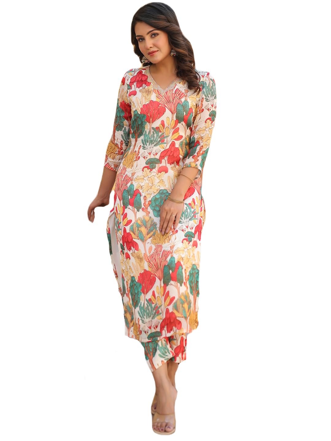 ANNI DESIGNER Women's Cotton Blend Floral Kurta & Pant ANNI DESIGNER Women’s Rayon Straight Kurta with Pant & Dupatta
