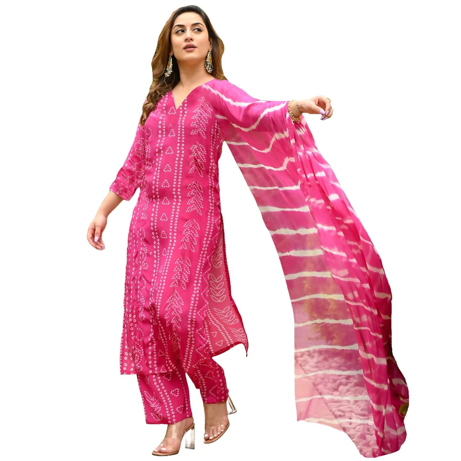 ANNI DESIGNER Women's Rayon Blend Straight Bandhej Printed Kurta with ANNI DESIGNER Women’s Rayon Straight Kurta with Pant & Dupatta