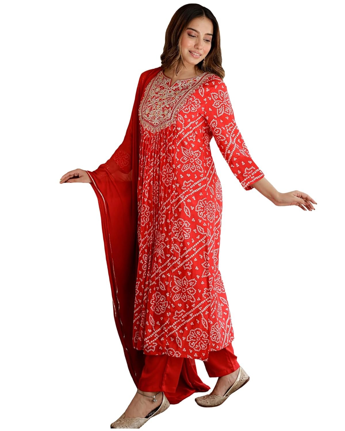 ANNI Designer Women's Rayon Viscose Straight Embroidered Yoke & Bandhej ANNI DESIGNER Women’s Rayon Straight Kurta with Pant & Dupatta