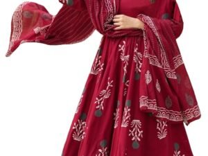GoSriKi Women’s Rayon Blend Anarkali Printed Kurta with Palazzo & Dupatta