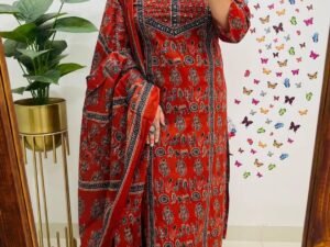 GoSriKi Women’s Rayon Blend Anarkali Printed Kurta with Palazzo & Dupatta